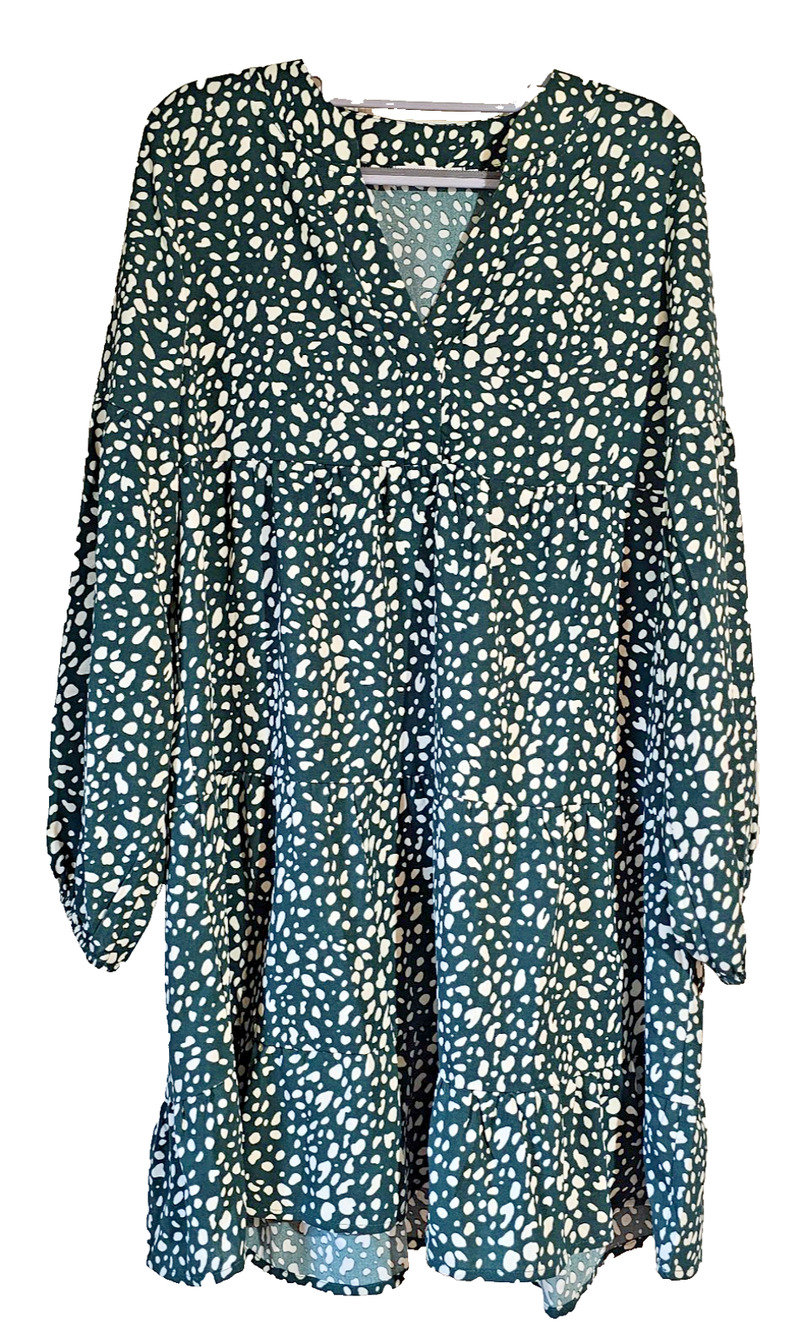 TEMOFON Green White Abstract Print Tiered Mini Dress Long Sleeve Womens Size Med